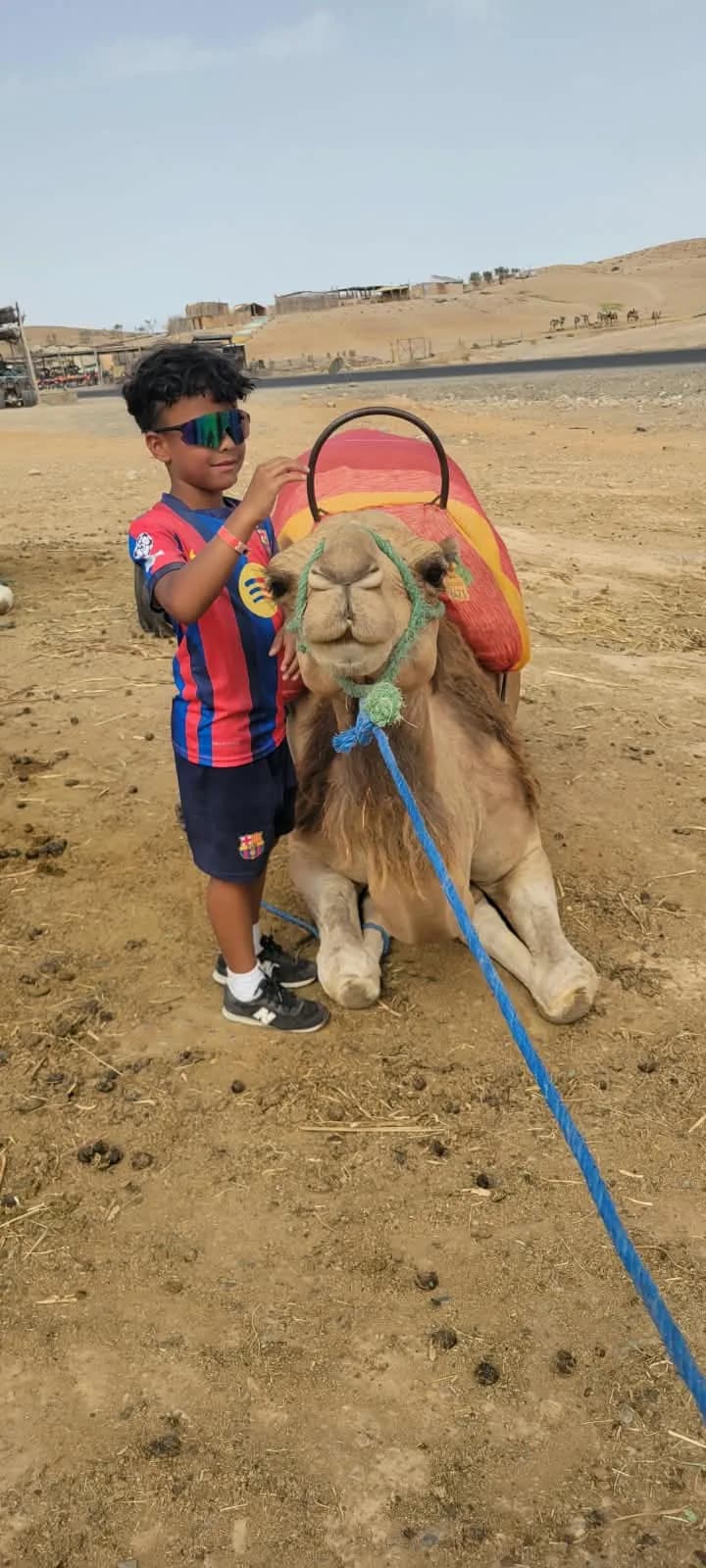 A young guest standing beside a saddled camel kneeling in the Agafay Desert