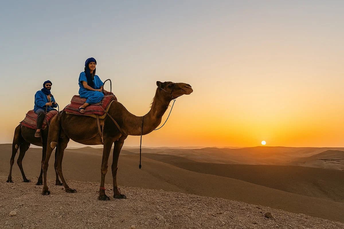 Two riders on a camel silhouetted against an orange sky as the sun goes down over the desert