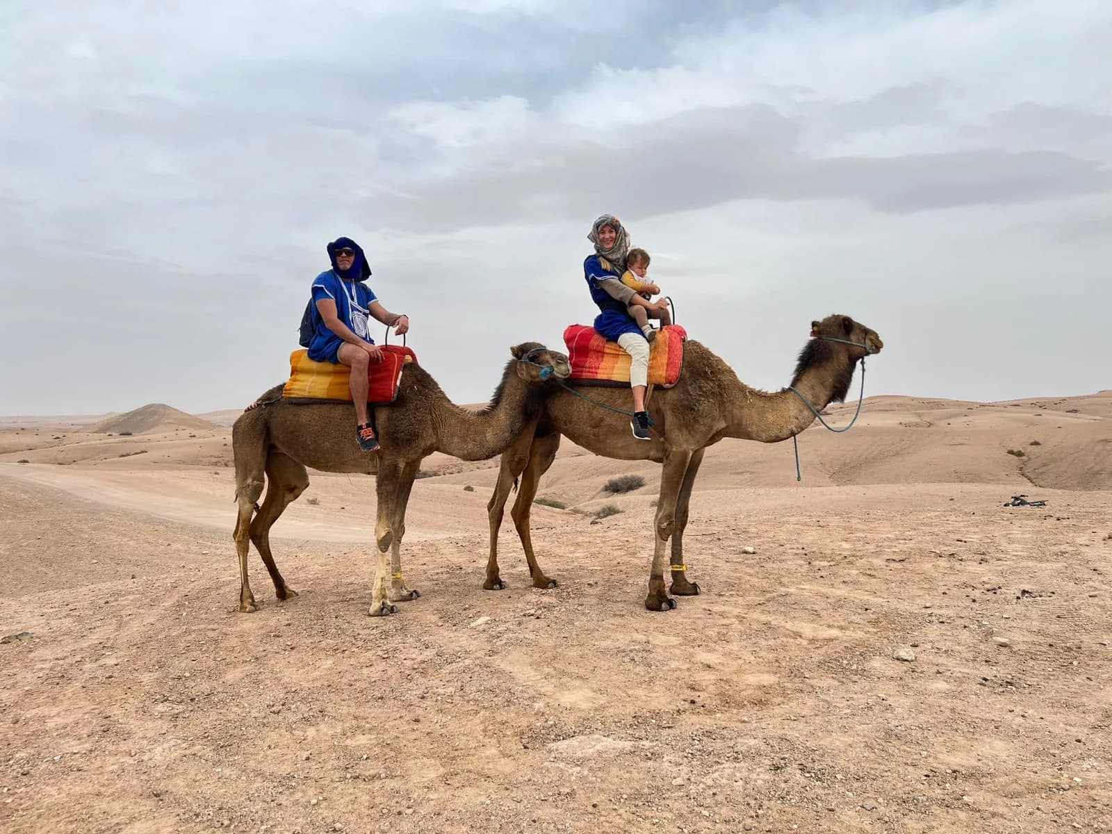 Guests riding two camels led by a guide across the open Agafay Desert